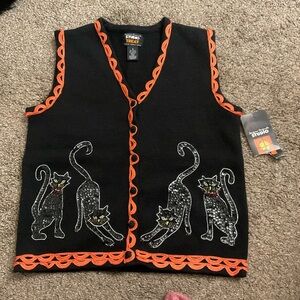 Vintage Black Sequin Cat Halloween Sweater Vest NWT